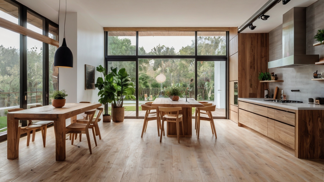 Default minimalist wooden and bright living room and kitchen w 3