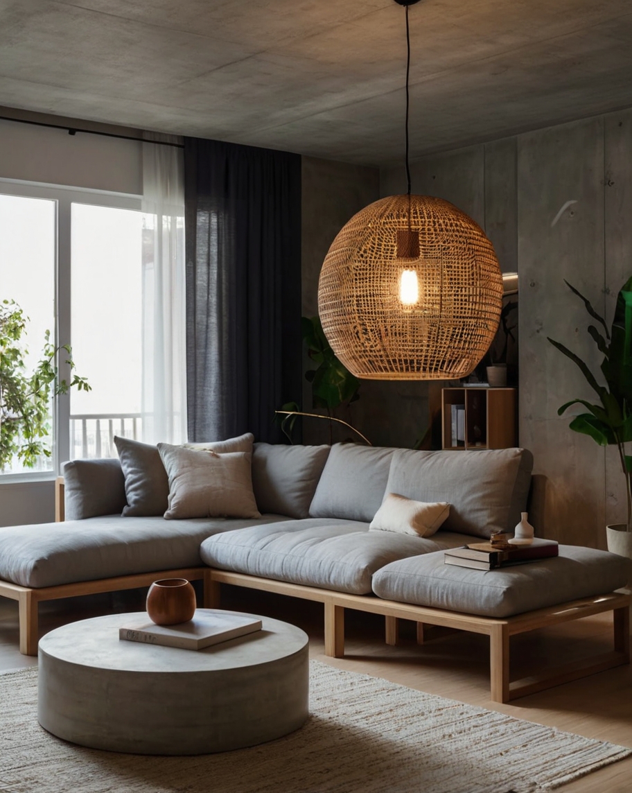 Default Minimalist concrete living room with Layered Lighting 0