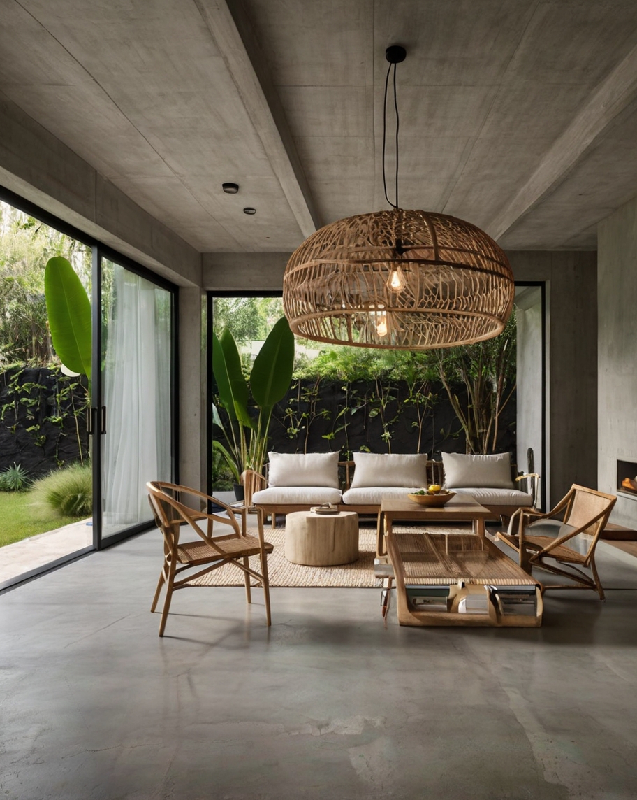 Default Minimalist concrete living room with Rattan Pendant Li 1