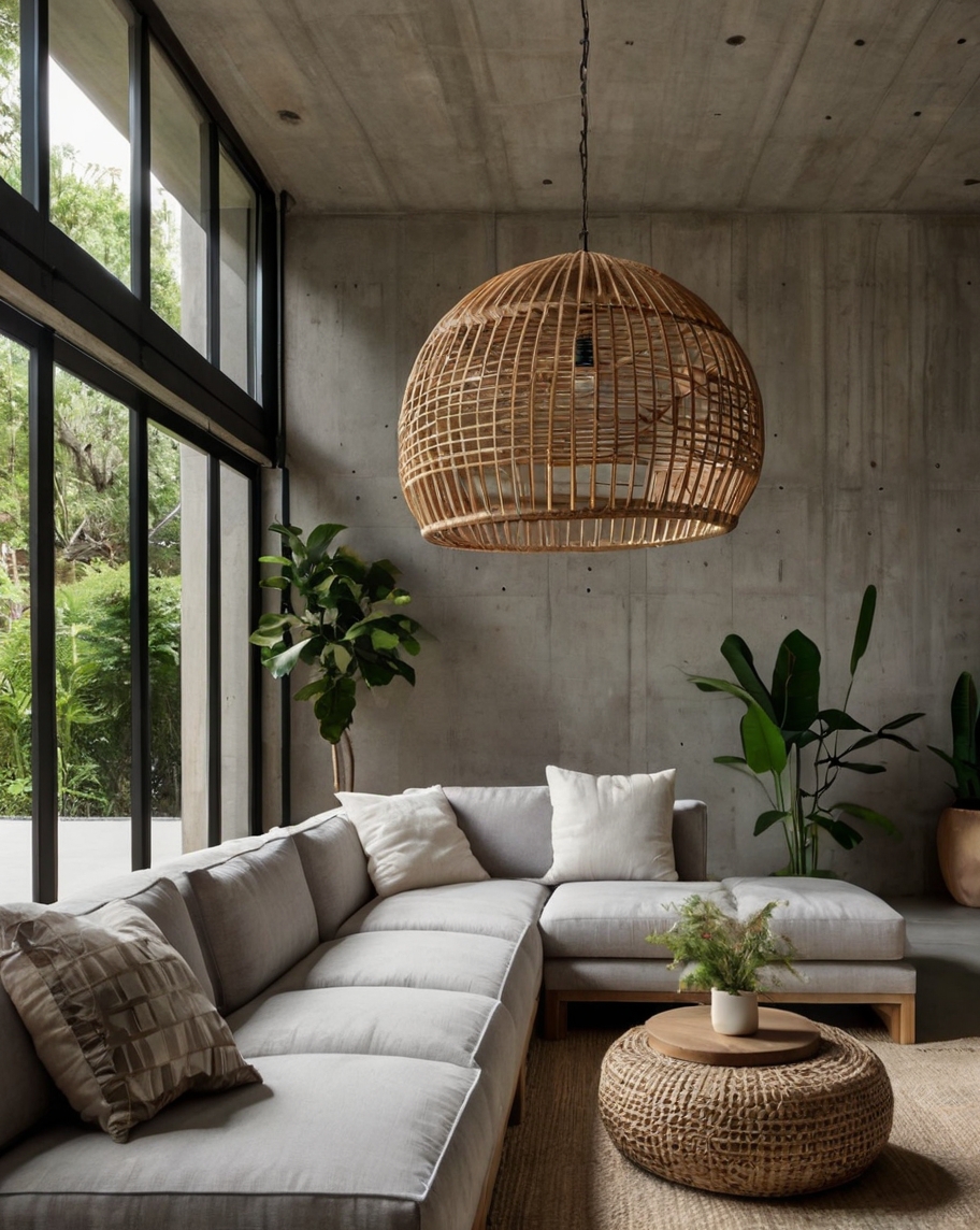 Default Minimalist concrete living room with Rattan Pendant Li 2