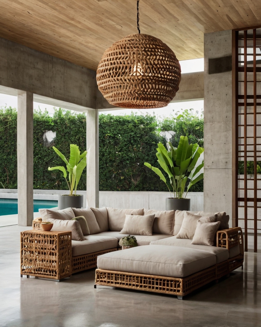 Default Minimalist concrete living room with Rattan Pendant Li 3