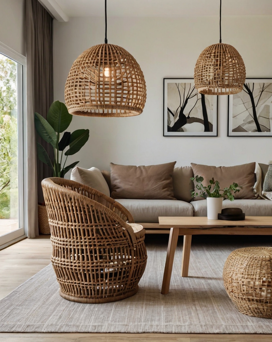 Default Minimalist living room with Rattan Pendant Light Ideas 0 2