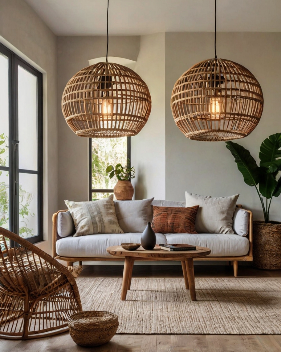 Default Minimalist living room with Rattan Pendant Light Ideas 0 3