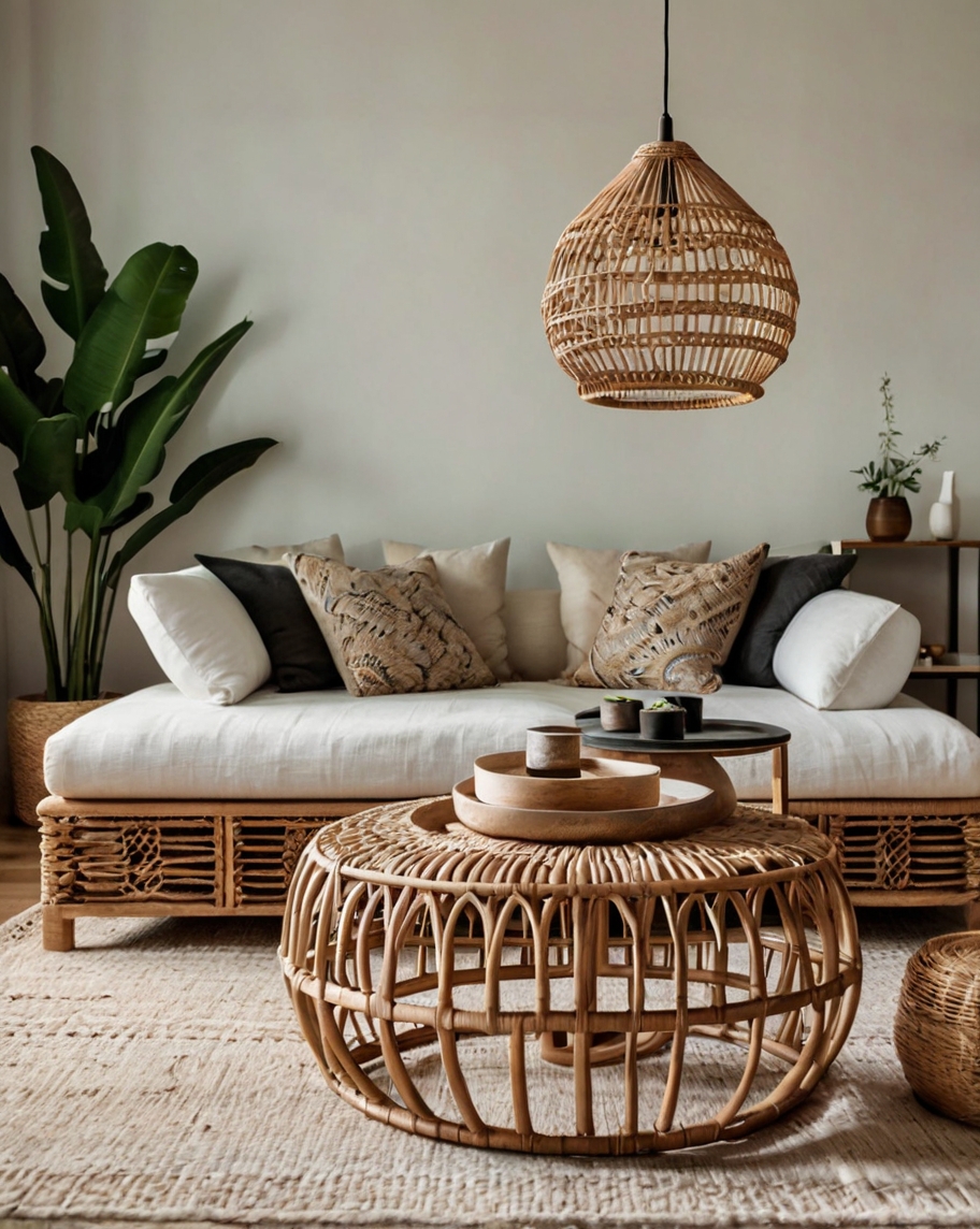 Default Minimalist living room with Rattan Pendant Light Ideas 0