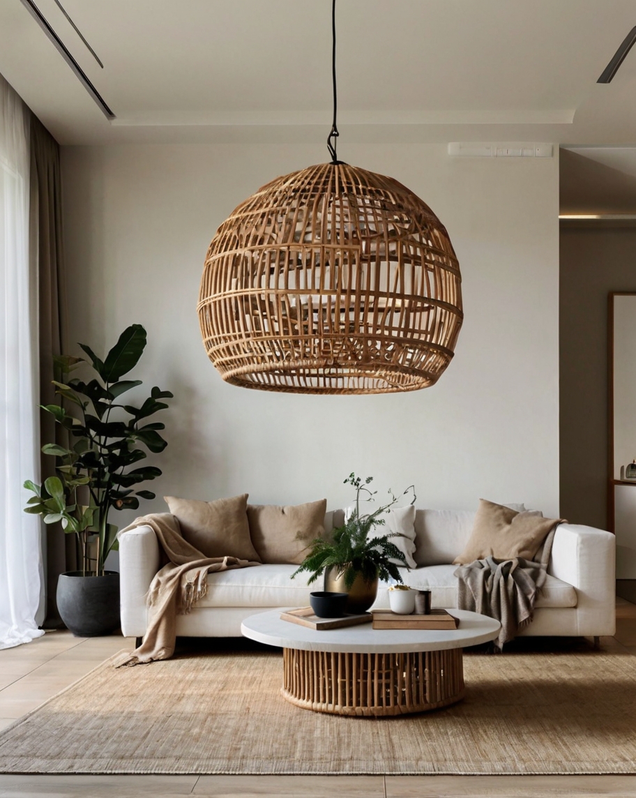 Default Minimalist living room with Rattan Pendant Light Ideas 1 2