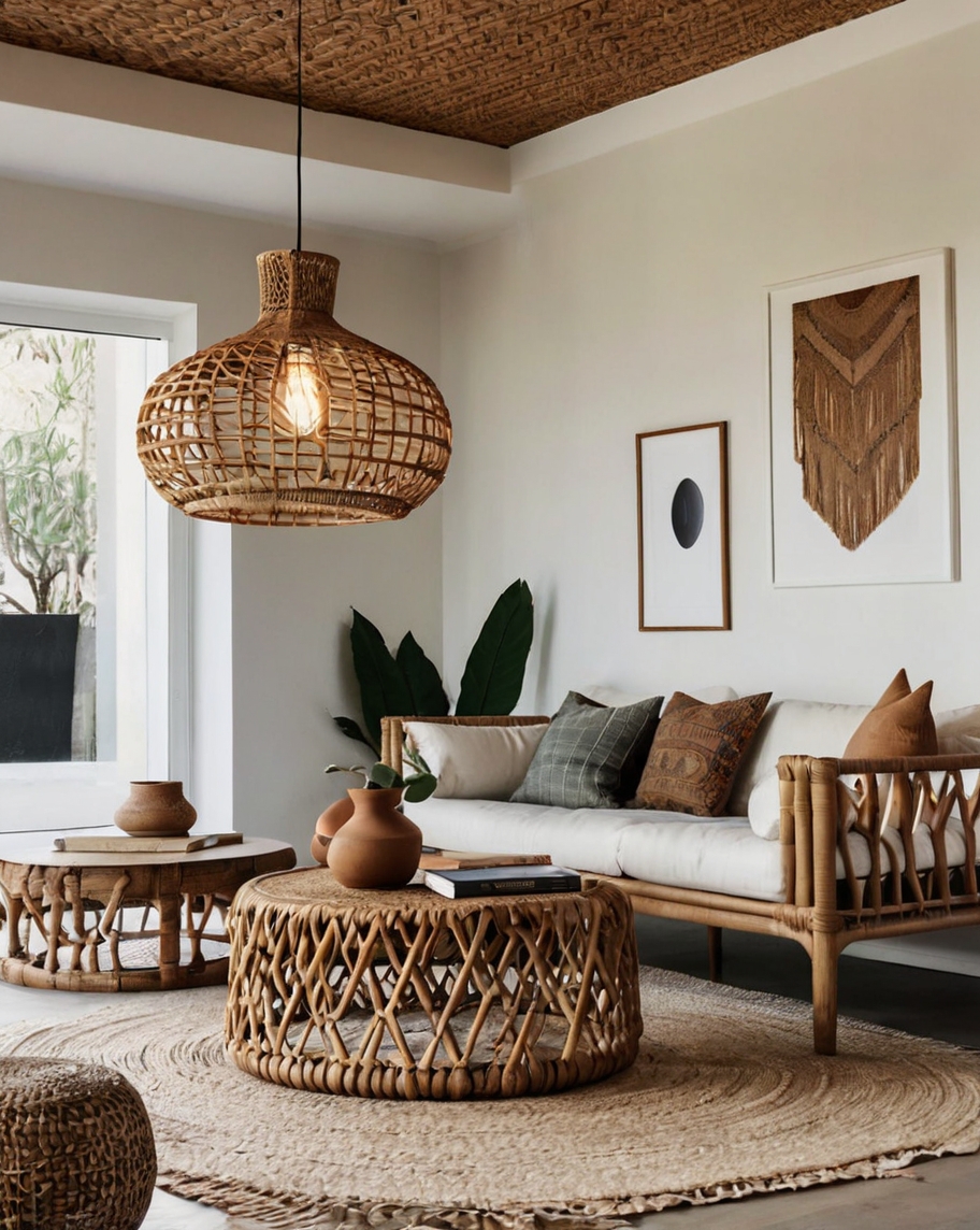 Default Minimalist living room with Rattan Pendant Light Ideas 1 3