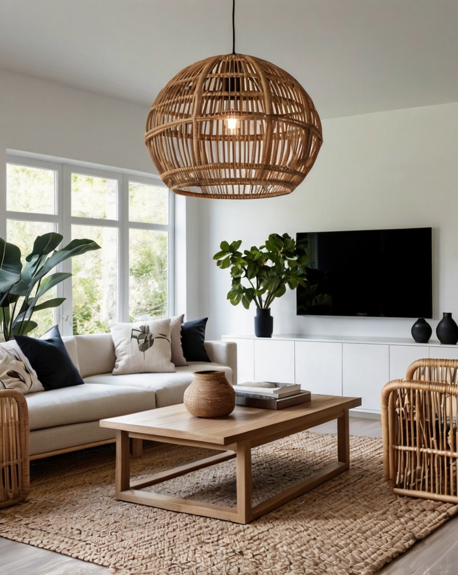 Default Minimalist living room with Rattan Pendant Light Ideas 2 2