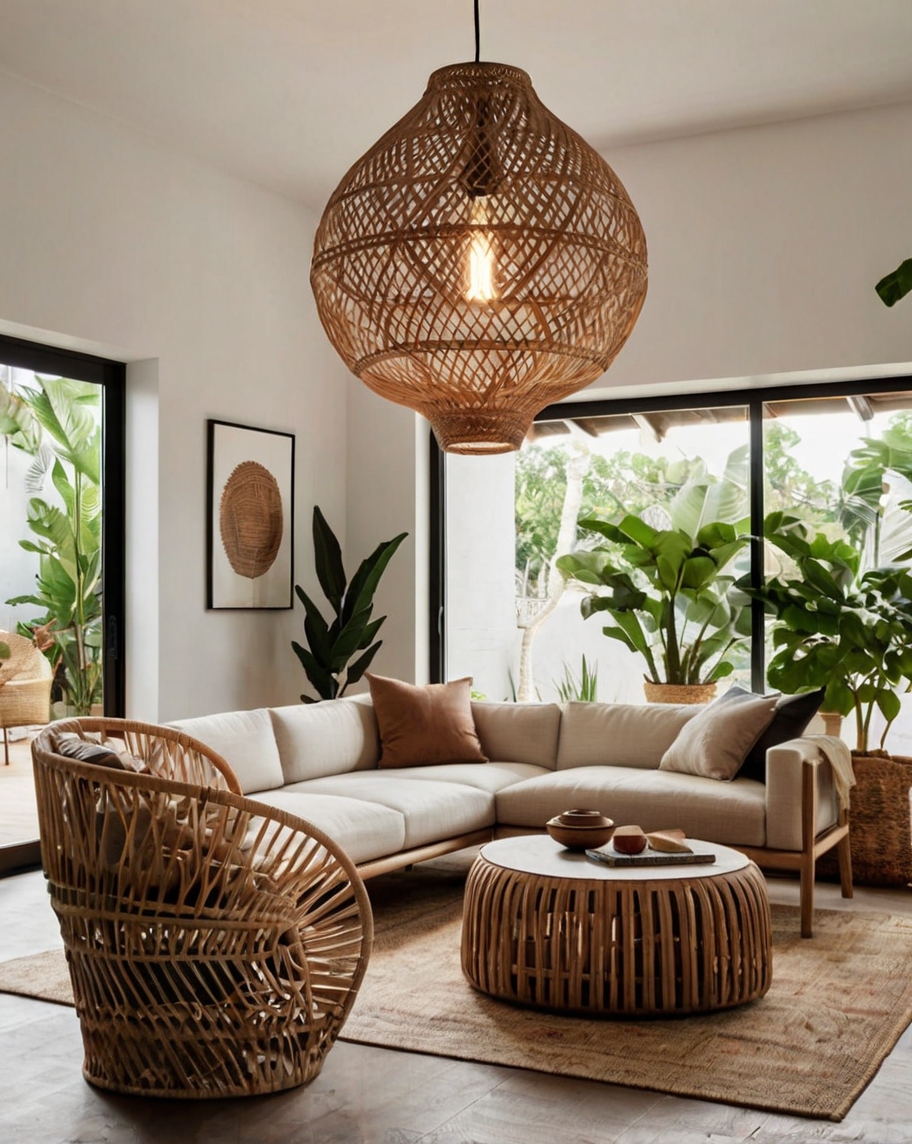 Default Minimalist living room with Rattan Pendant Light Ideas 2