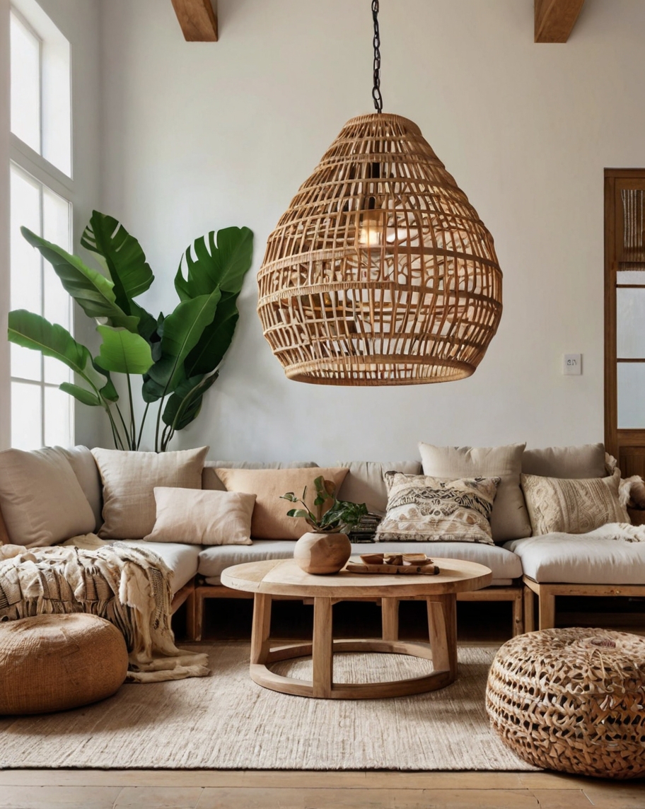 Default Minimalist living room with Rattan Pendant Light Ideas 3