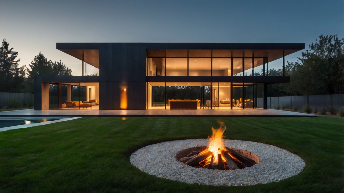 Default Minimalist modern house with Fire Pit on Grass 0