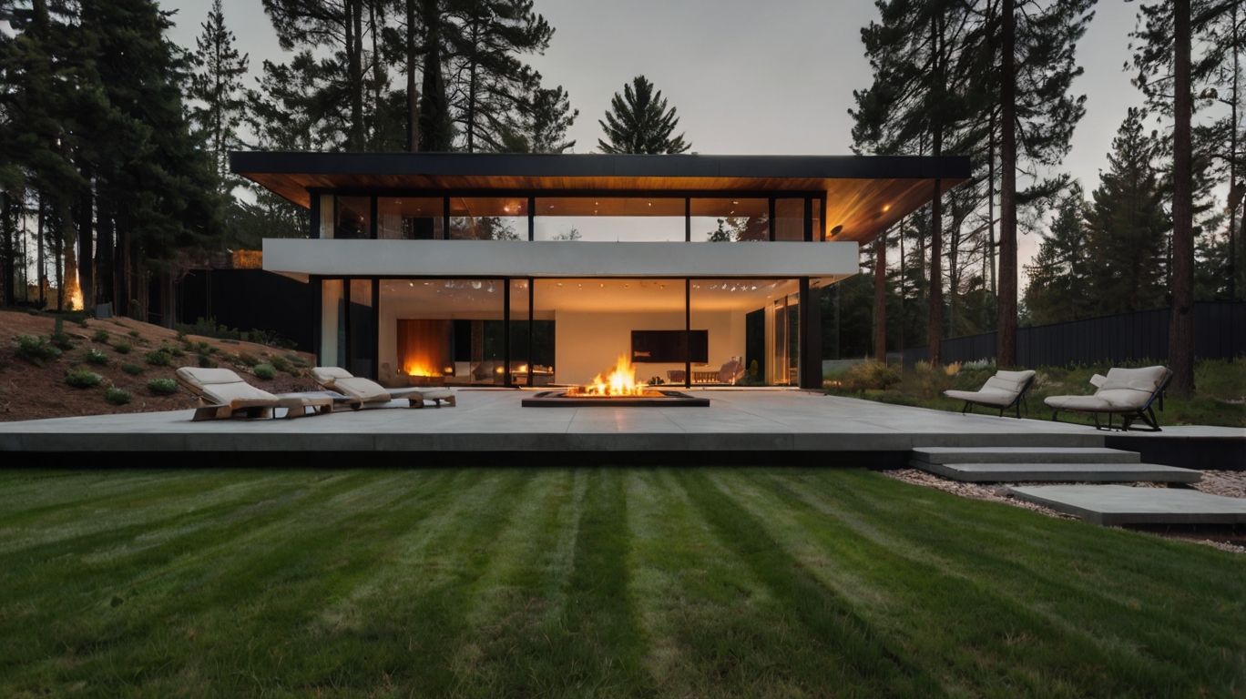 Default Minimalist modern house with Fire Pit on Grass 1