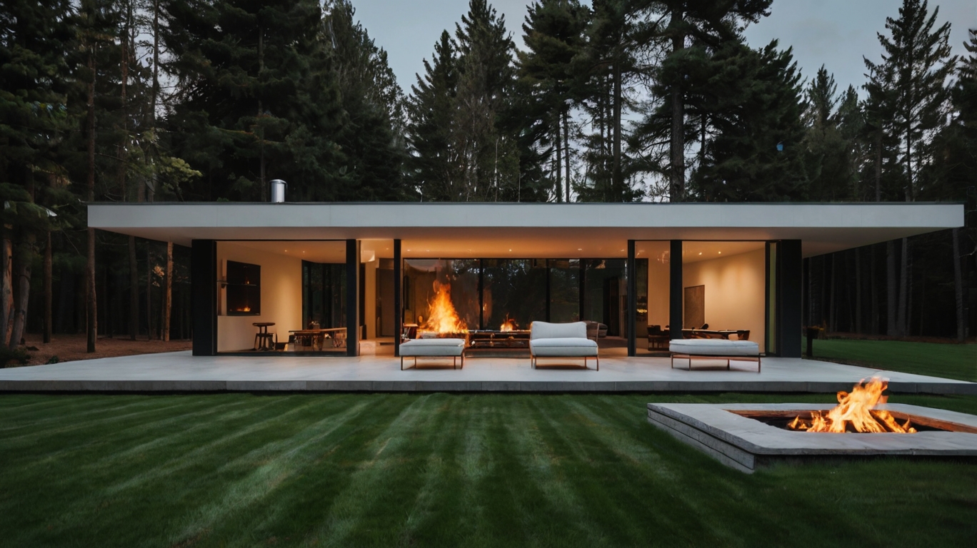 Default Minimalist modern house with Fire Pit on Grass 2
