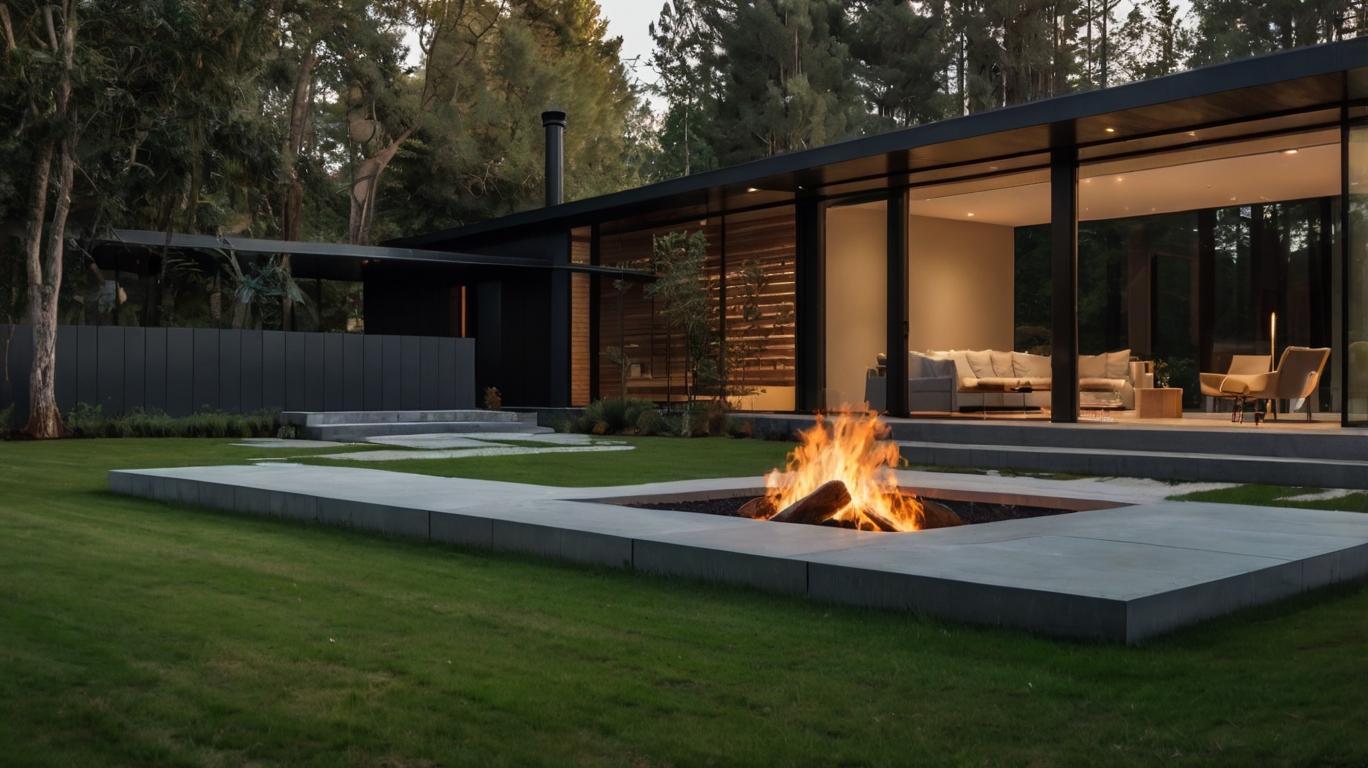 Default Minimalist modern house with Fire Pit on Grass 3