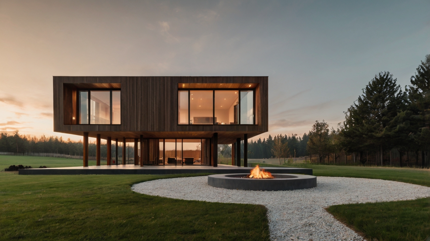 Default Minimalist wooden house with Fire Pit on Grass 0