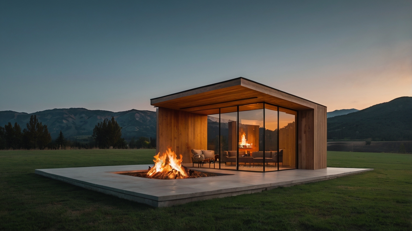 Default Minimalist wooden house with Fire Pit on Grass 1