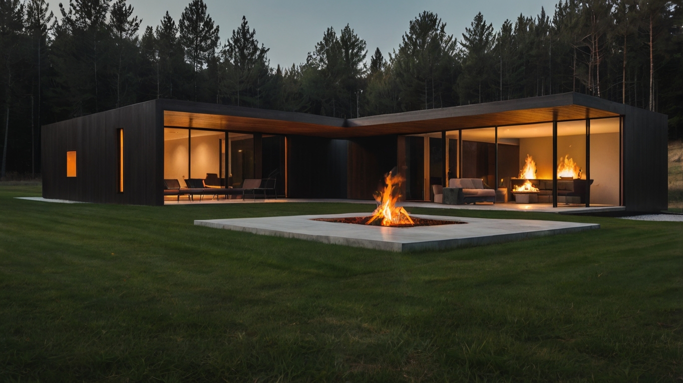 Default Minimalist wooden house with Fire Pit on Grass 2