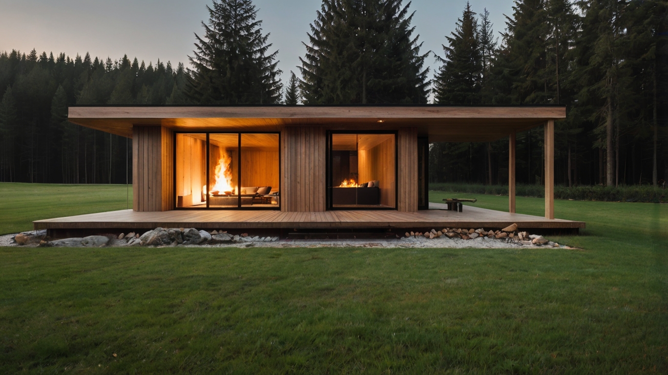 Default Minimalist wooden house with Fire Pit on Grass 3
