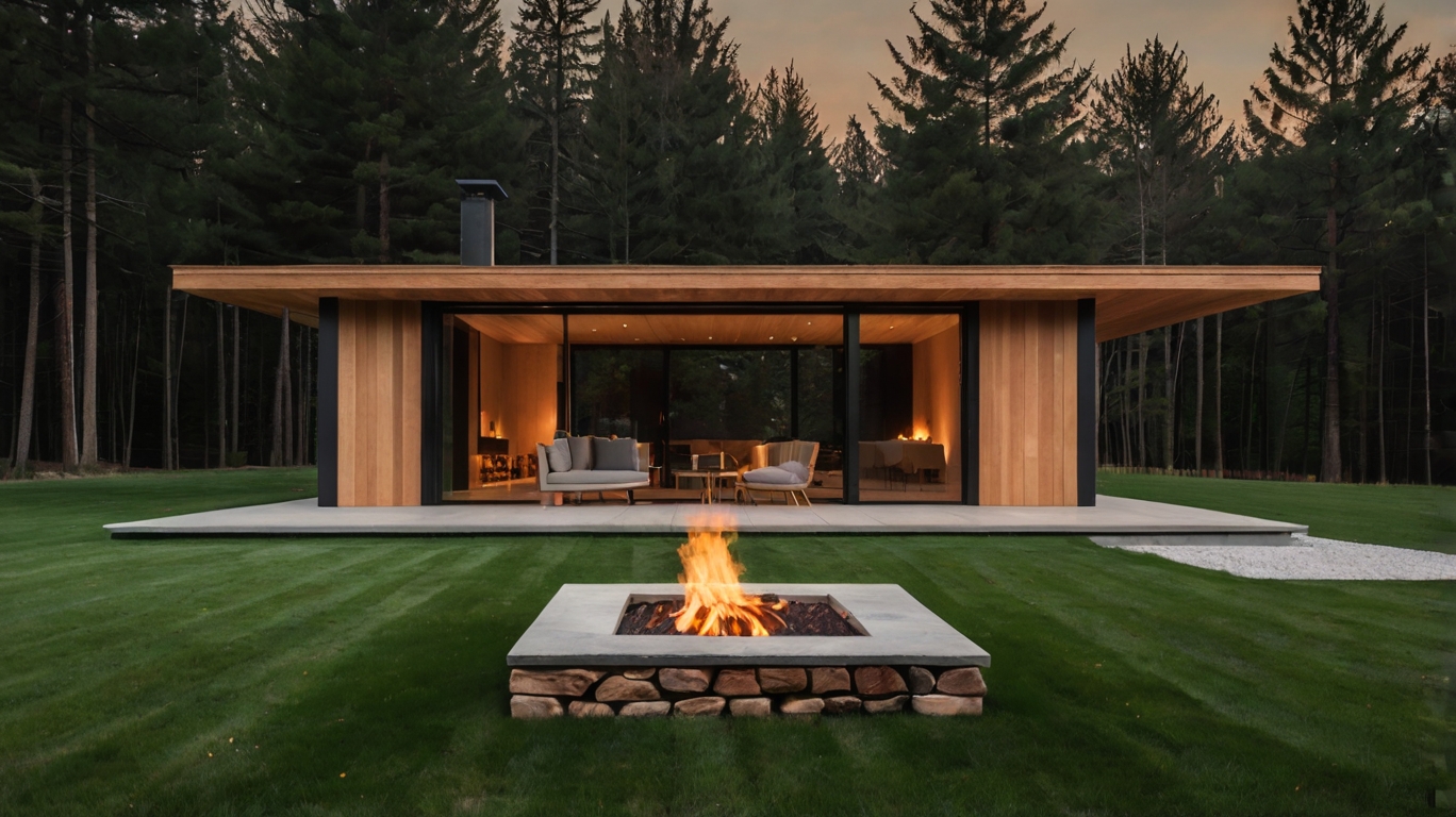 Default Minimalist wooden house with safety Fire Pit on Grass 0