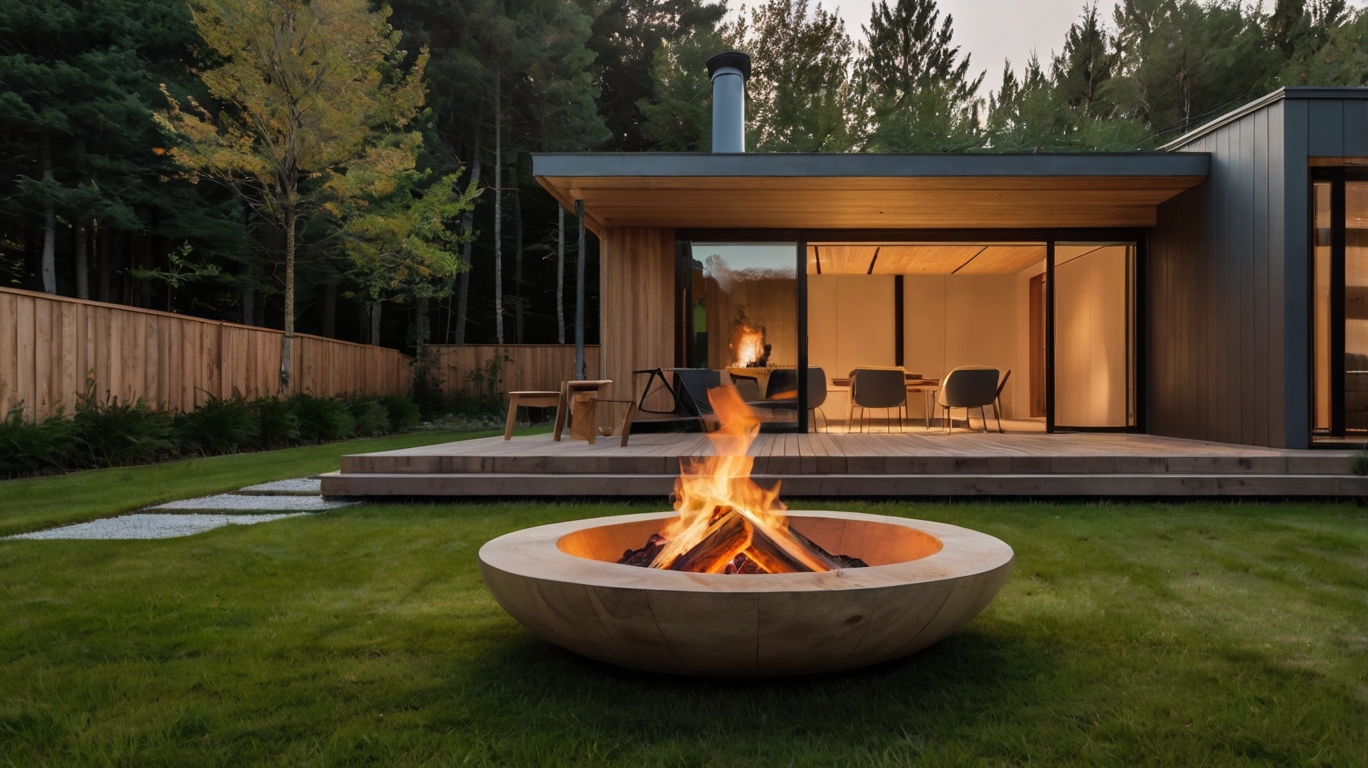 Default Minimalist wooden house with safety Fire Pit on Grass 1