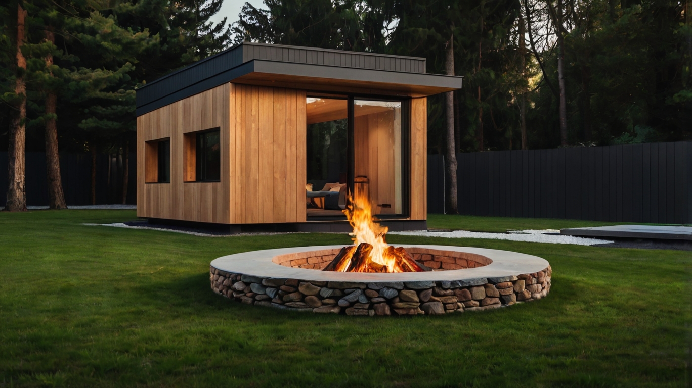 Default Minimalist wooden house with safety Fire Pit on Grass 2