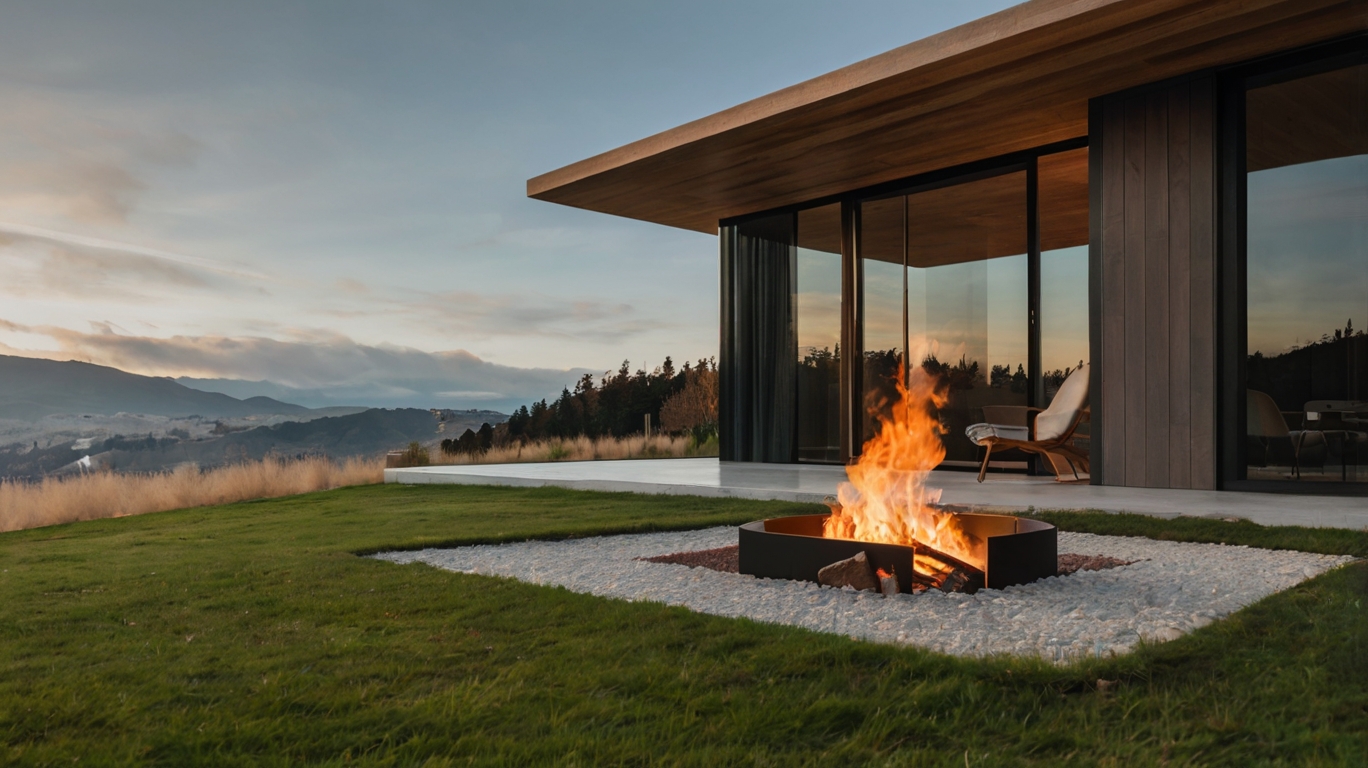Default Minimalist wooden house with safety Fire Pit on Grass 3