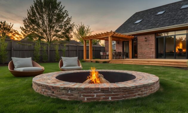 Default brick and wooden house ovale Fire Pit on Grass with co 0