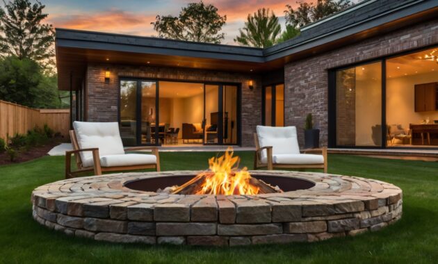 Default brick and wooden house ovale Fire Pit on Grass with co 2