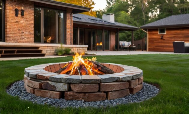 Default brick and wooden house ovale Fire Pit on Grass with dr 0