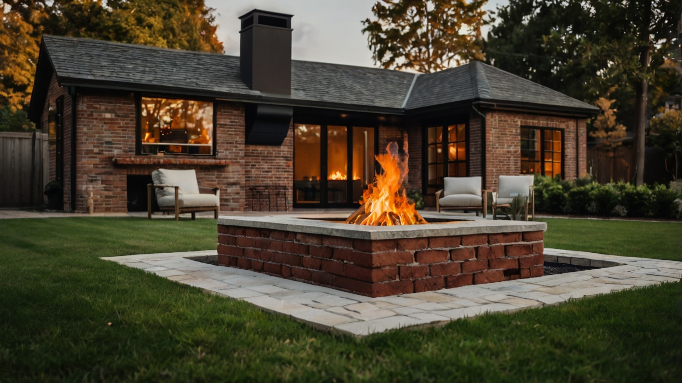 Default brick and wooden house with square Fire Pit on Grass 1