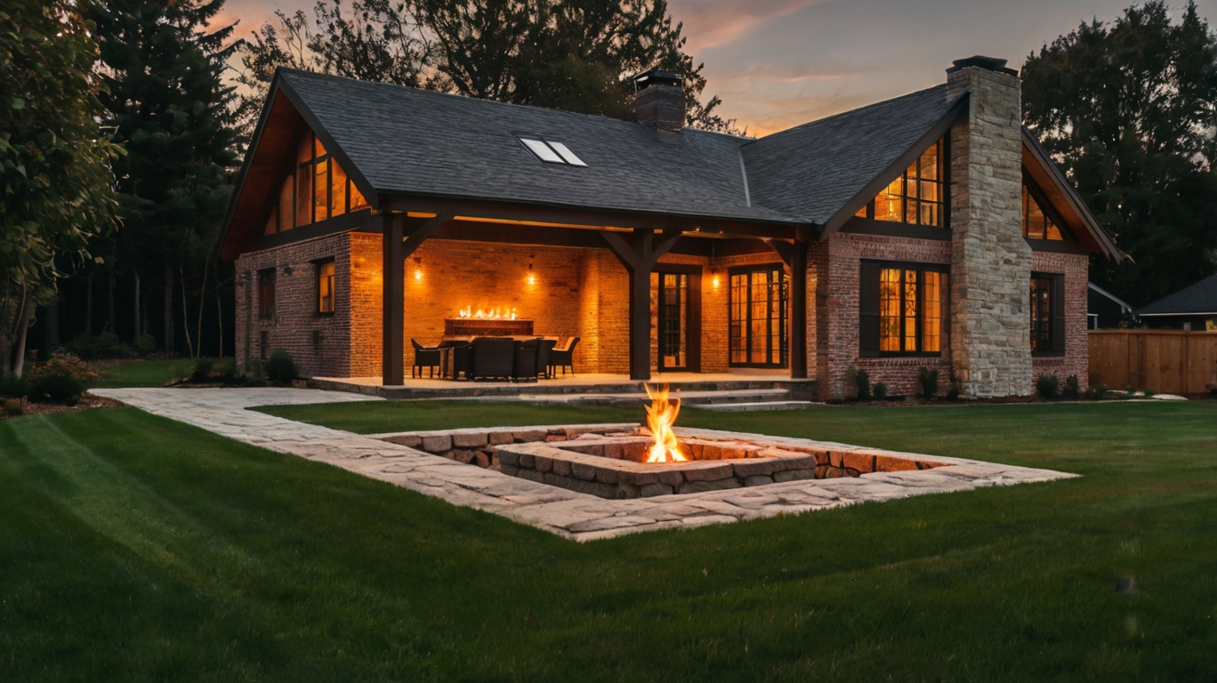 Default brick and wooden house with square Fire Pit on Grass 2