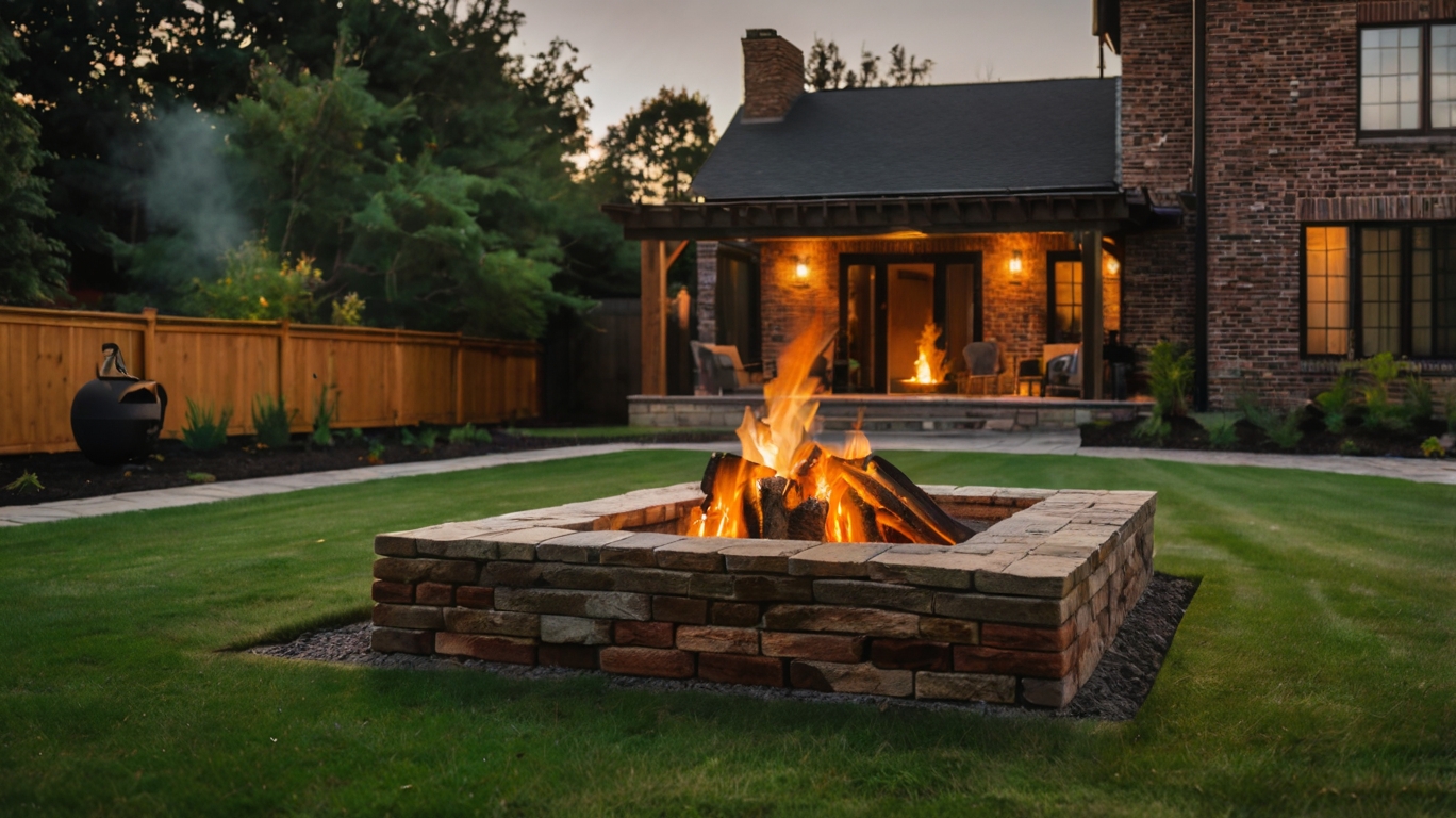 Default brick and wooden house with square Fire Pit on Grass 3