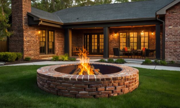 Default brick house with safety Fire Pit on Grass and metal fi 0