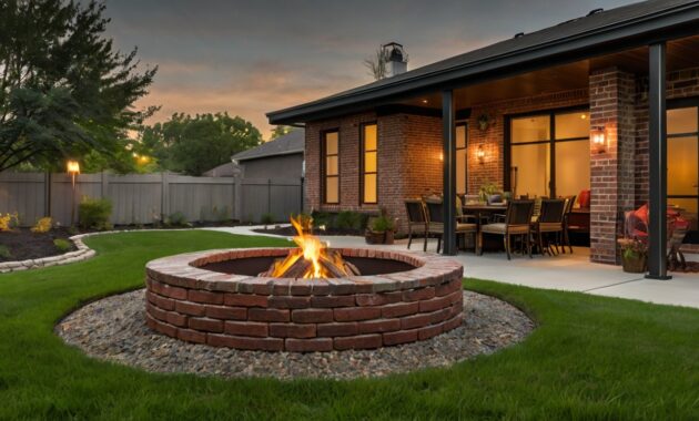 Default brick house with safety Fire Pit on Grass and metal fi 1