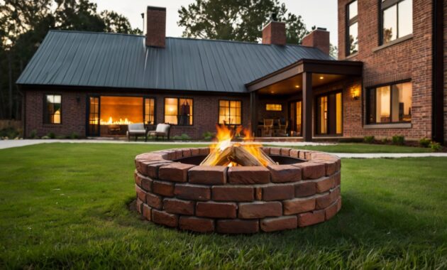 Default brick house with safety Fire Pit on Grass and metal fi 2