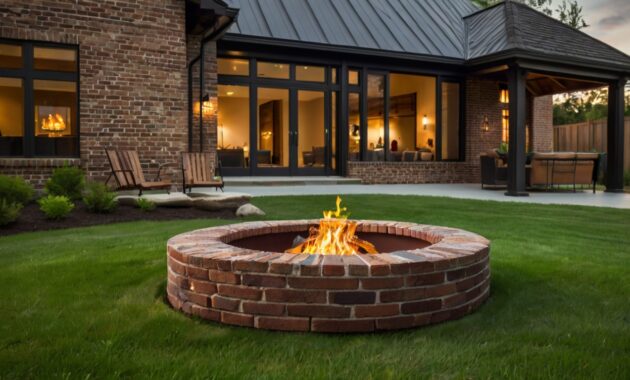 Default brick house with safety Fire Pit on Grass and metal fi 3