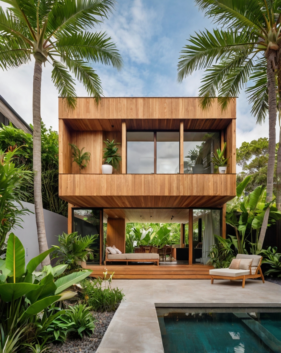 Default minimalist wooden house with Tropical Backyard Landsca 0