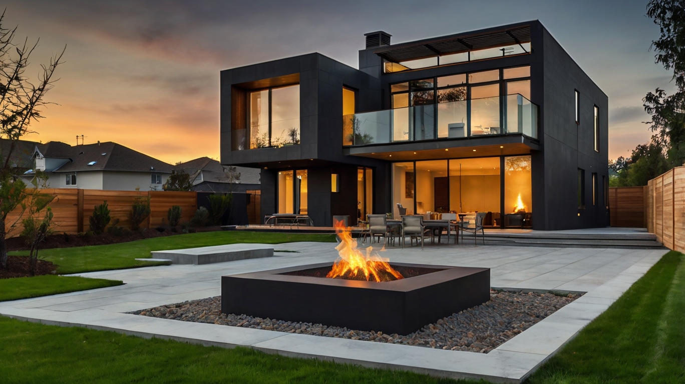 Default modern house with safety Fire Pit on Grass 0