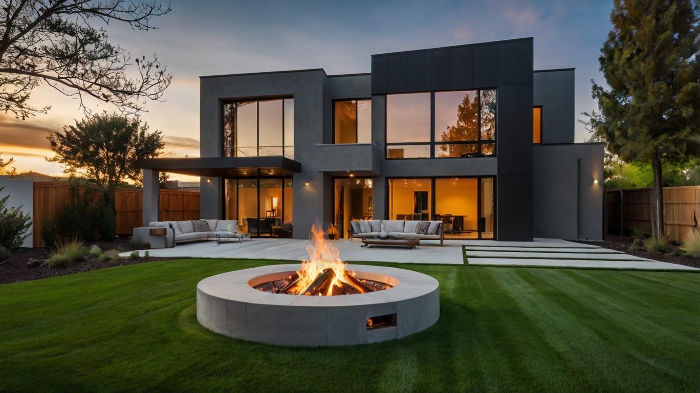 Default modern house with safety Fire Pit on Grass 1