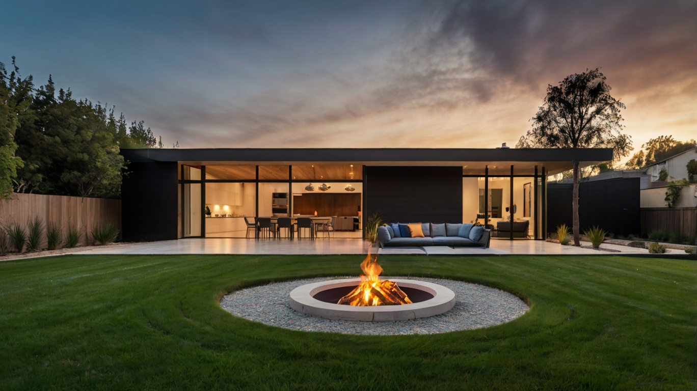 Default modern house with safety Fire Pit on Grass 3