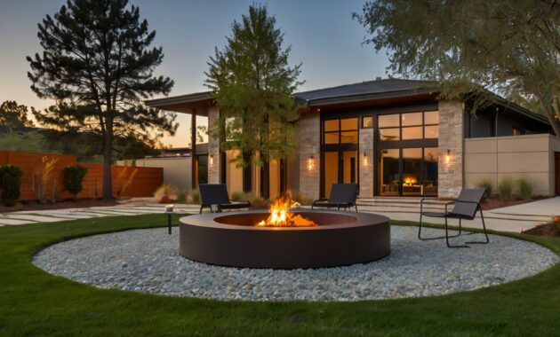 Default modern house with safety Fire Pit on Grass and metal f 0