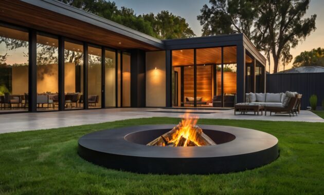 Default modern house with safety Fire Pit on Grass and metal f 2