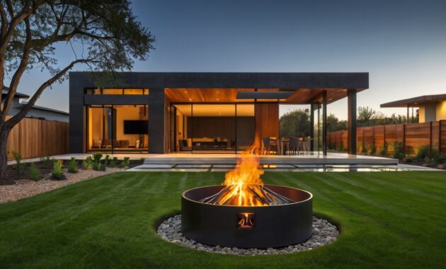 Default modern house with safety Fire Pit on Grass and metal f 3