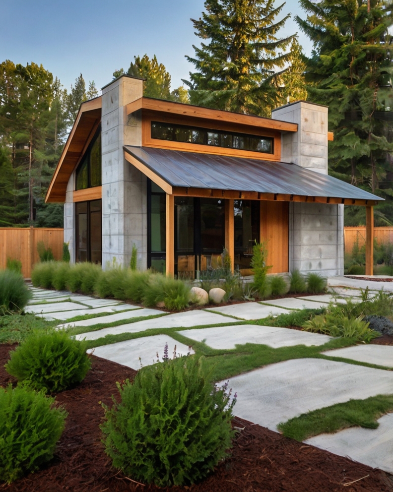 Default concrete wooden house with front yard landscaping idea 0