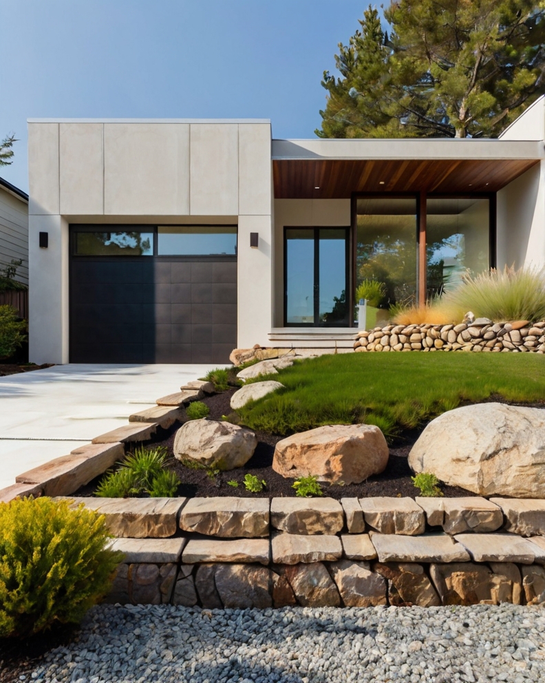 Default minimalist House with Sloped front yard and rock garde 1