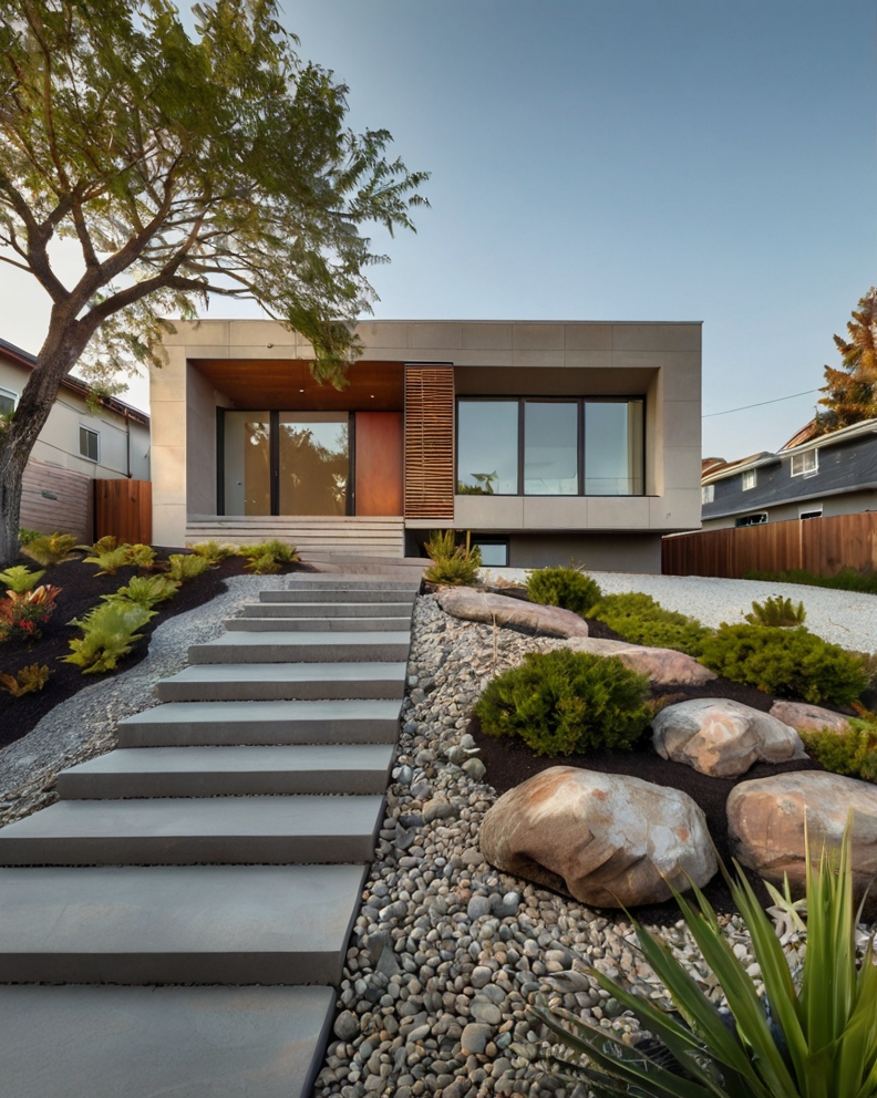 Default minimalist House with Sloped front yard and rock garde 2