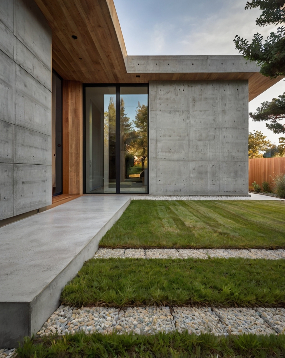 Default minimalist concrete house with front yard gravel paths 0