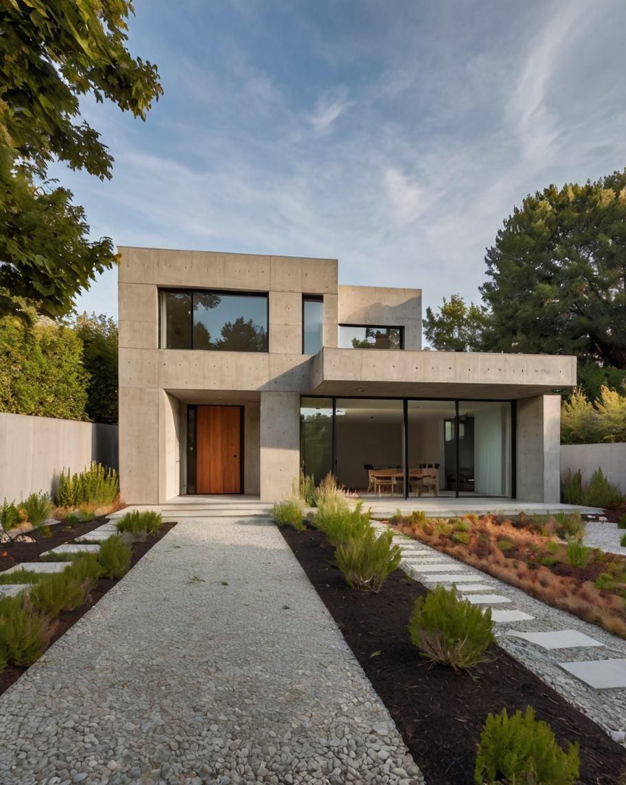 Default minimalist concrete house with front yard gravel paths 1