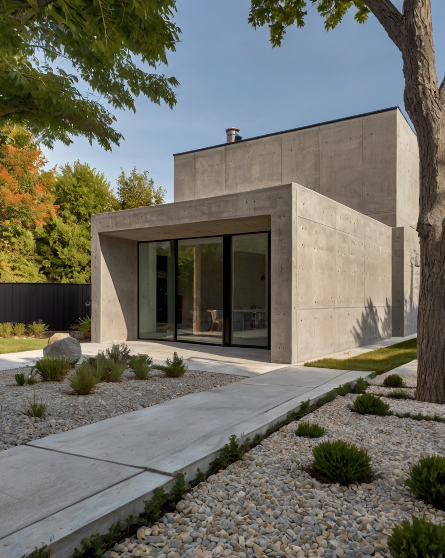 Default minimalist concrete house with front yard gravel paths 2