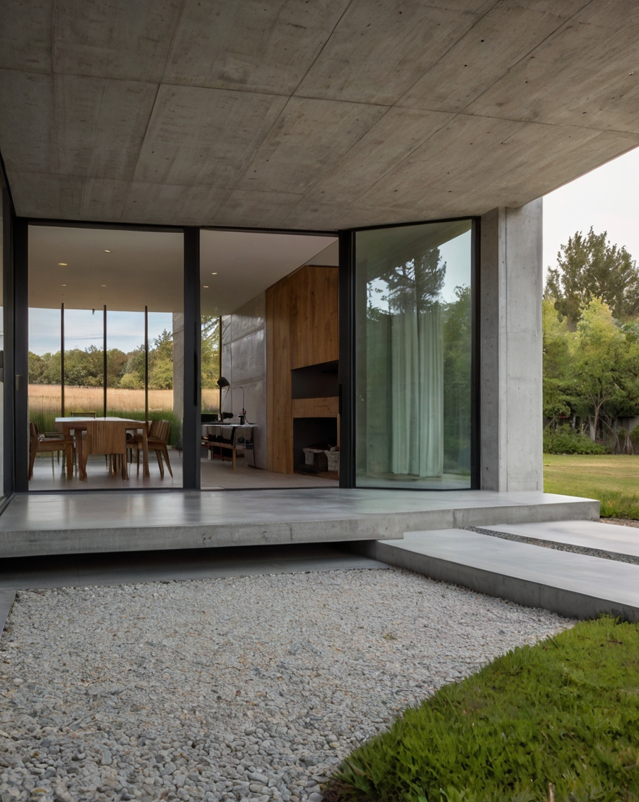 Default minimalist concrete house with front yard gravel paths 3