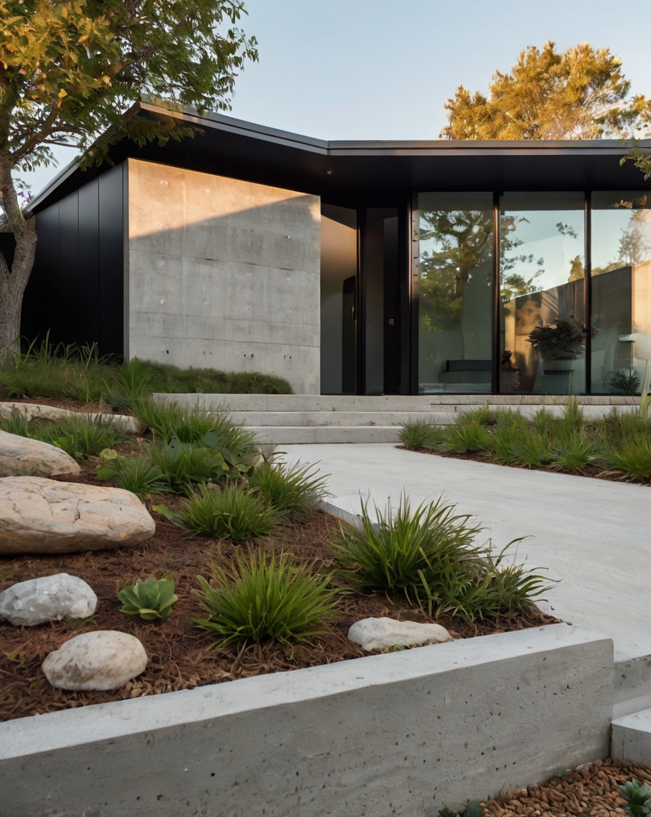 Default minimalist concrete house with front yard rocks garden 0